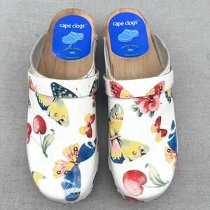 Cape Clogs Womens 37 6 Butterfly Cherry Print Leather Sandals SlipOn Wooden Heel